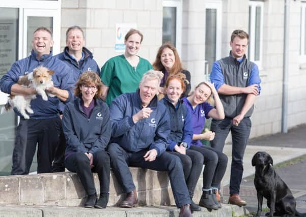 Staff at Kelso's Galedin Vet Surgery. Back row, left to right, Iain lathangie , Michael Kyle, Alexa Bryce, Marion Hutcheson and Tom sparks. Front row, Sheila Fleming, Robert Anderson, Lynne Cruickshanks, Terri Steele.