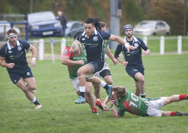 Clinton Wagman, one of Selkirk's tryscorers on the day, makes a positive advance  against GHA (picture by Bill McBurnie).