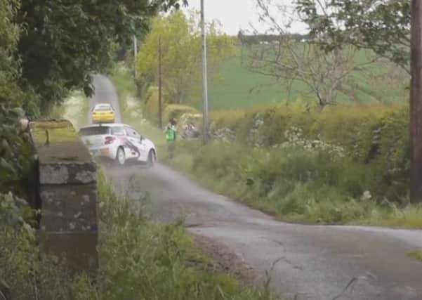 David Carney's car careering out of control at the 2014 Jim Clark Rally.