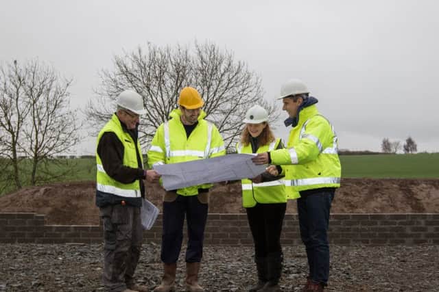 Work begins on the new Vermilion specialist dental clinic in Kelso. From left,  John Cruickshanks from Cruickshank and Co, Gavin Yuill from Camerons Architects,  Sarah Mathieson from Fleming Homes and David Offord from Vermillion.