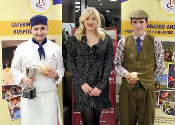 Billy Brogan (catering student winner, from Coldstream), Lorna Robertson (host) and Finlay Knox (gamekeeping student winner, from Kelso)