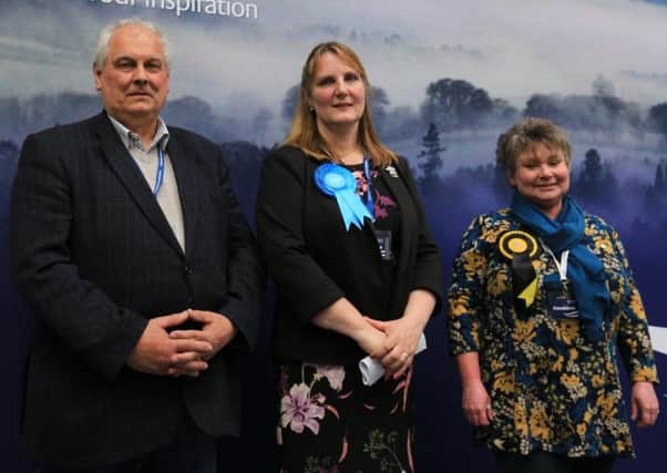 Michelle Ballantyne, centre, with former fellow Selkirkshire councillors Gordon Edgar and Elaine Thornton-Nicol, after retaining her seat at May's local election.