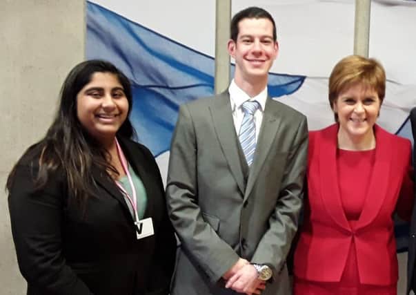 Sanna Aziz, 17, with Scottish First Minister Nicola Sturgeon and, centre, fellow MSYP Steven Sutherland.