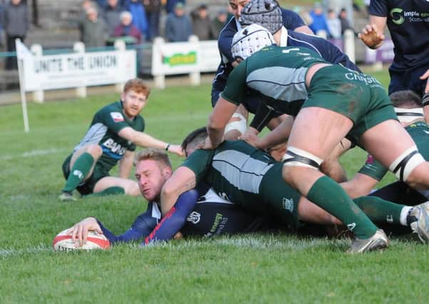Stnad-off Gavin Craig scores a try for Selkirk in their recent BT Cup match with Premiership side Hawick. How will the Souters fare against Melrose? (picture by Grant Kinghorn)
