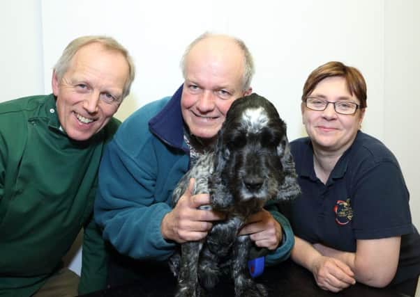 Barney with vet Robert Young, owner SimonNeil  and physio Heather Halton.