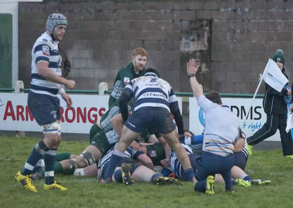 Shawn Muir is awarded the first try of the match for Hawick (picture by Bill McBurnie).