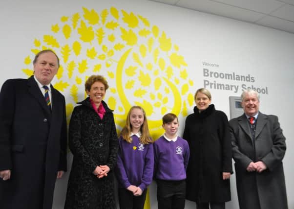 From left, councillors Euan Robson and Carol Hamilton, pupils Jason Purves and Beth Wilkie and councillors Shona Haslam and Tom Weatherston at the opening of the new Broomlands Primary School in Kelso.