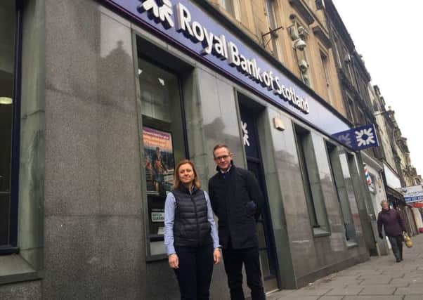 MSP Rachael Hamilton and MP John Lamont outside Hawick's Royal Bank of Scotland branch.