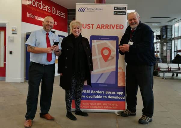 MSP Christine Grahame with bus drivers Paul Borthwick, left, and John Rieva.