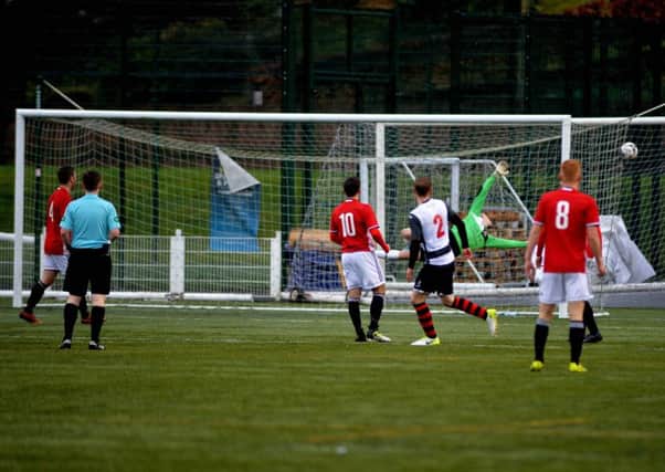 An excellent save by home debut keeper Patrick Martin for Gala FR (picture by Alwyn Johnston).