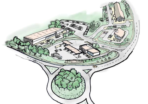An artist's impression of the proposed hotel, supermarket, drive-through coffee shop and petrol station at Tweedbank Gateway.