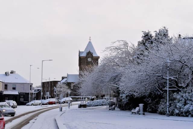 Galashiels' town clock and Bank Street Gardens in the snow, taken during the last snowfall in January.