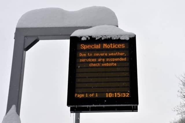 Snow at the railway station in Galashiels today and a warning to passengers that trains services have been cancelled.