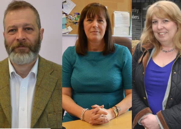 From left: Anthony Carson, Janet Stewart of Unison, and Tracey Logan, chief executive of Scottish Borders Council.