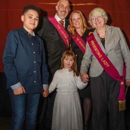 The 2018 Whipman and his Lass, Adrian and Fiona Jackson with the Barony Herald Junior Burakelly, Flower Girl Lilly Dowe and Presenting Lady Dr Patsy Campbell at the Introduction Concert in West Linton.
