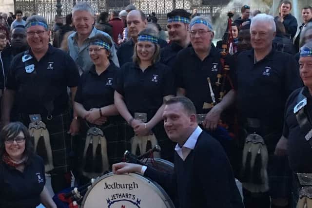 Members of Jedburgh Pipe Band with Doddie Weir in Plaza De Novano, Rome.