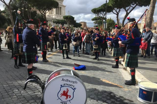 Jedburgh Pipe Band plays at the Altare della Patria in Piazza Venezia.