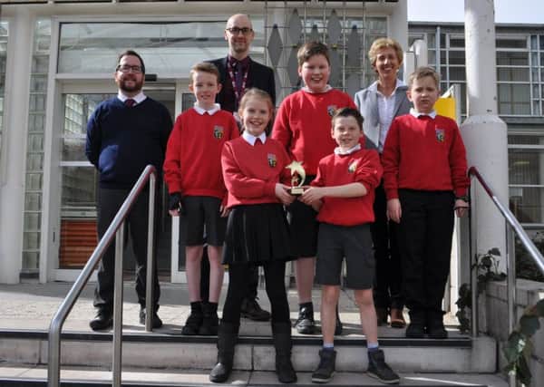 2018 champions, Melrose PS are pictured with Councillor Euan Jardine, Jamie Wallace (Depute Headteacher, Melrose PS) and Councillor Carol Hamilton.