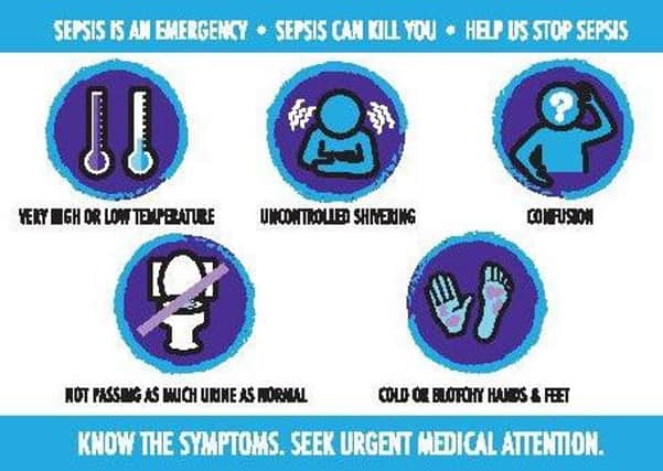 Business card...has been created as part of FEAT's upcoming fifth anniversary in May, highlighting the sepsis warning signs people should be aware of.