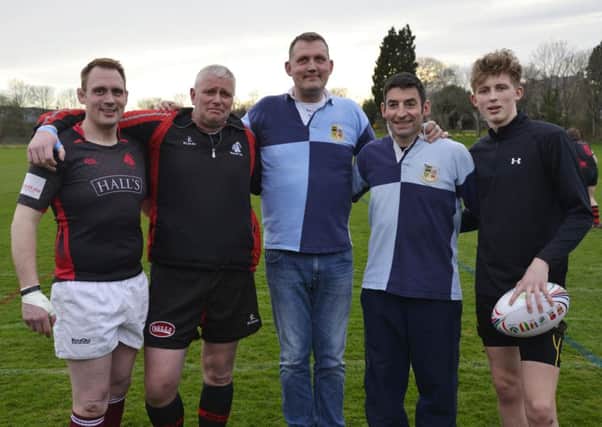 Doddie Weir, centre, with, from left, alumni players Chris Weir, David Ireland, Hamish Dykes and Hamish Weir at Peffermill.