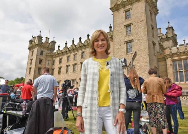 The BBC's Antiques Roadshow filming today at Floors Castle in Kelso. Fiona Bruce during filming at Floors Castle.
