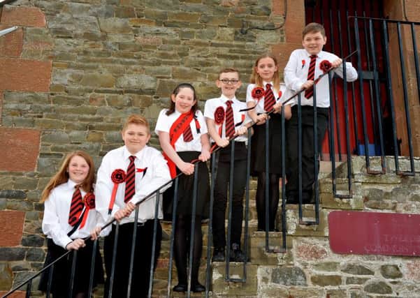 From left: second attendants Lana Rae and Toby Richardson, Tweedbank Lass Lucy Tait,Tweedbank Lad Addison Bell, and first attendants Katie Hamilton and Mateusz Paszkiewicz.