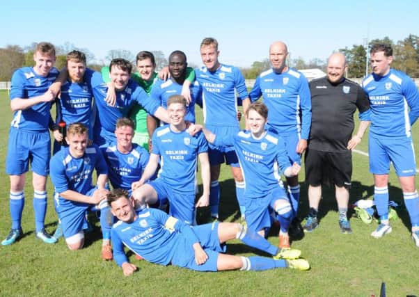 The Selkirk FC squad after the Lowland League Cup semi-final - with 50-year-old playing coach, Ian Fergus, third from right (picture by Grant Kinghorn).