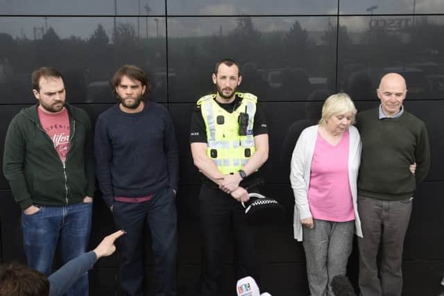 Chief Inspector Alan Carson, centre, with, from left, Neil, Grant, Marion and Ron Hutchison at the Dakota Hotel today.