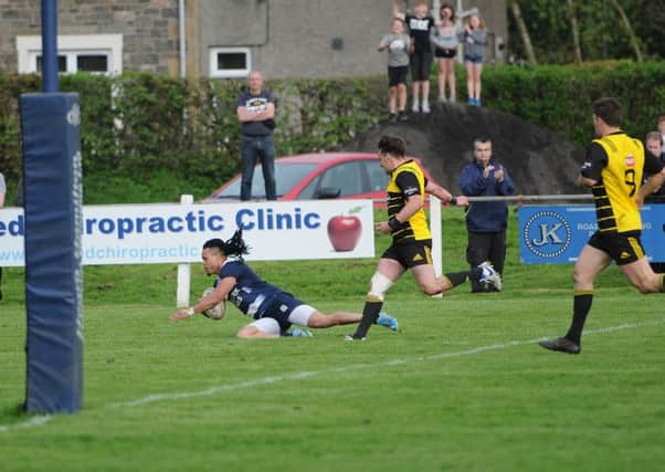 Clinton Wagman scores Selkirk's conclusive try in their final against Melrose (picture by Grant Kinghorn).