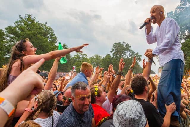 James frontman Tim Booth greets fans. Photo: Jody Hartley/Kendal Calling.