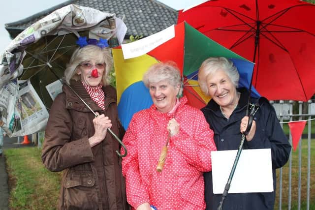 These ladies just couldnt be more appropriately costumed for the Morebattle fancy Dress - (Singing in the rain)!!! Anne Brown, Lizzie Thomson and Jeanette Stenhouse.