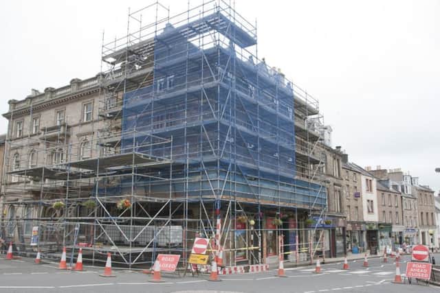 The scaffolding-clad building off Jedburgh's marketplace.