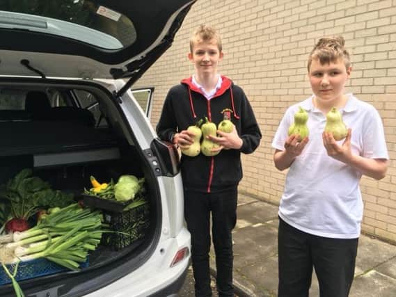 Peebles High School pupils Jordan and Ethan with produce grown in Peebles CAN community garden.