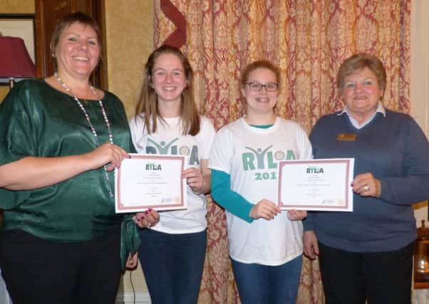 Galashiels Rotarians have celebrated the achievements of their Rotary Youth Leadership Award 2018 winners, Lindsay Pate and Kelsey Crow.
The pair, sponsored by the local club, completed the awards week-long course and attended a club meeting to tell Rotarians how much they had enjoyed it, and the challenges the course had provided.
Lindsey and Kelsey are pictured with Rotarians Lynda Stoddart and Liz Norman.