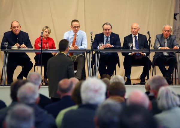 Campaign for Borders Rail's annual general meeting and public Q&A: left to right, Brian Eaton, Shona Haslam,John Lamont,Paul Wheelhouse,John Stevenson and Richard Morris.
