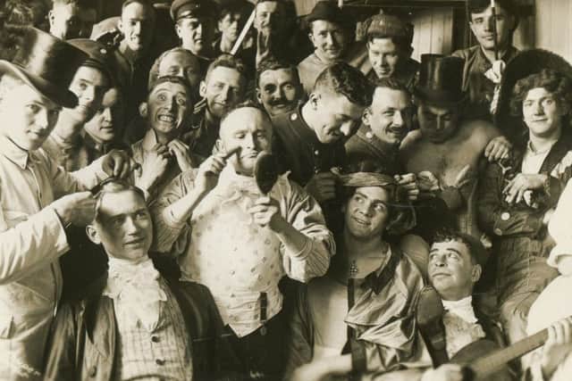 A group of prisoners about to put on a theatre performance at Stobs Camp, near Hawick.