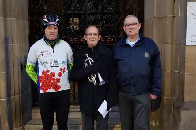 Ian and Brian McLeod with a bugler at Hawick Town Hall before the start of the ride.