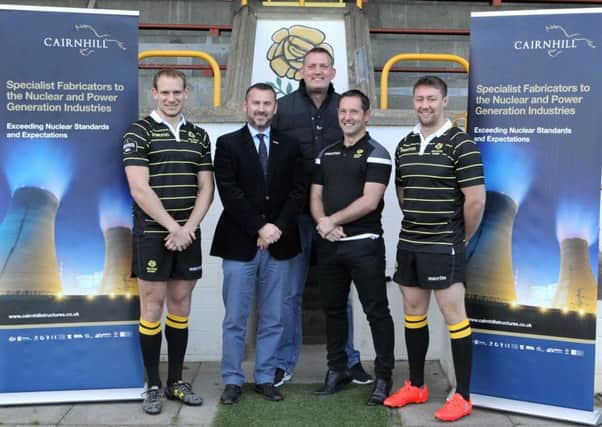 From left, Fraser Thomson (player), Neil Watson (Cairnhill managing director), Doddie Weir, Rob Chrystie (Melrose head coach, Russell Anderson (player).