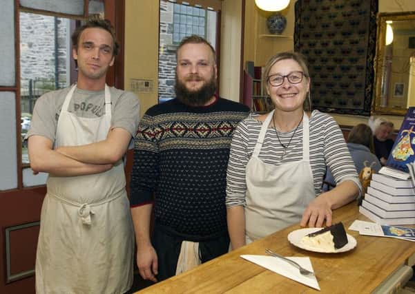 Assistant manager Ross Reid, barista David Reid and manager Iris Deiss at Damascus Drum in Hawick.