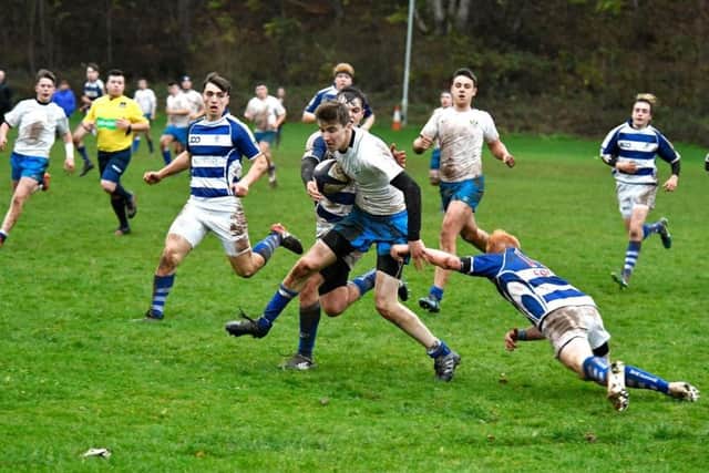 White-shirted Jed Thistle showed absolutely no pre-festive kindess to Tynedale (picture by John Frater).