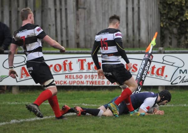 Darren Clapperton opens the scoring for Selkirk at Kelso, but their good mood wasn't to last (picture by Grant Kinghorn).