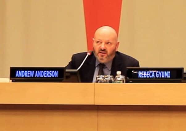 Andrew Anderson of Selkirk makes his speech at the headquarters of the United Nations in New York on Tuesday.