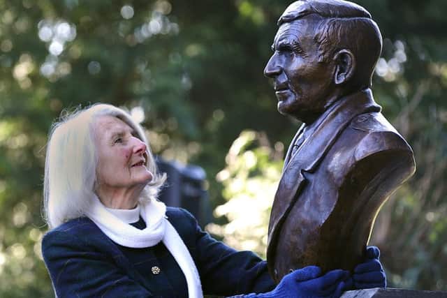 Bill McLaren's widow Bette with the bust of him in Hawick's Wilton Lodge Park.