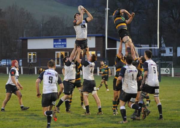 Selkirk skipper Ewan MacDougall seeks to win some lineout ball during the 31-15 win over Cartha QP (picture by Grant Kinghorn).