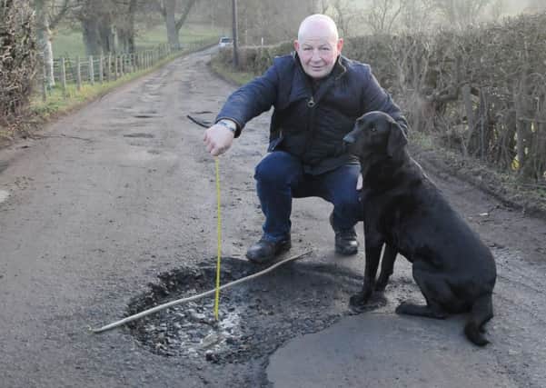Elliot Henderson and his dog Hoover on the road up to Broomhill, Selkirk.
