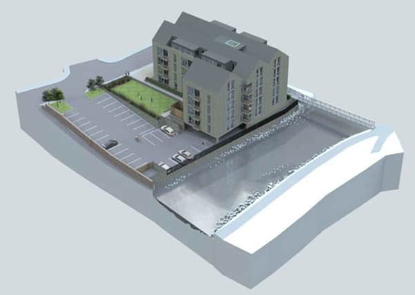 A drawing of the proposed flats at Huddersfield Street in Galashiels  showing the sites proximity to the Gala Water.