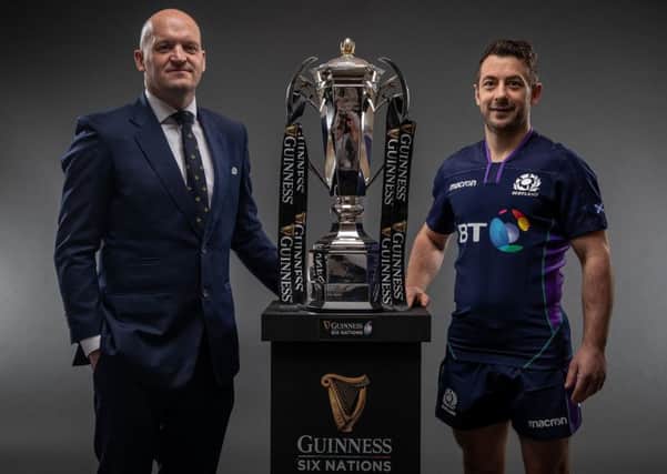 Scotland head coach Gregor Townsend and Jedburgh's Greig Laidlaw, the team's captain, with the Six Nations trophy. Photo ©INPHO/Billy Stickland