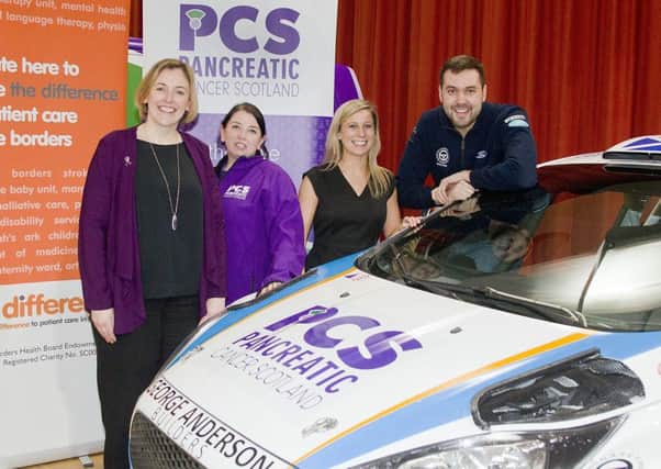 Fiona Brown and Dionne Donovan from Pancreatic Cancer Scotland, fundraiser Leanne Monaghan and rally driver Garry Pearson.