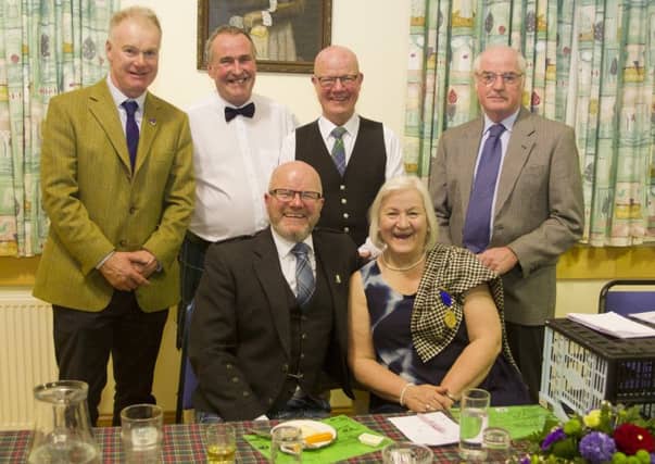 Chairman John Mabon, John Currie, Derek Inglis, Len Wyse - FR: Alan Learmonth and Jane Brown, Past President Robert Burns World Federation.