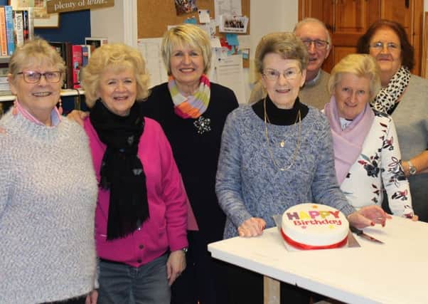 Pam Newington, Sue Goodwin, Monica Kaczynska, Eilean Hogarth, Jim Mackie, Anne Mackie and Eileen Foster at the Charity for Care shop in Kelso celebrating its fourth anniversary.